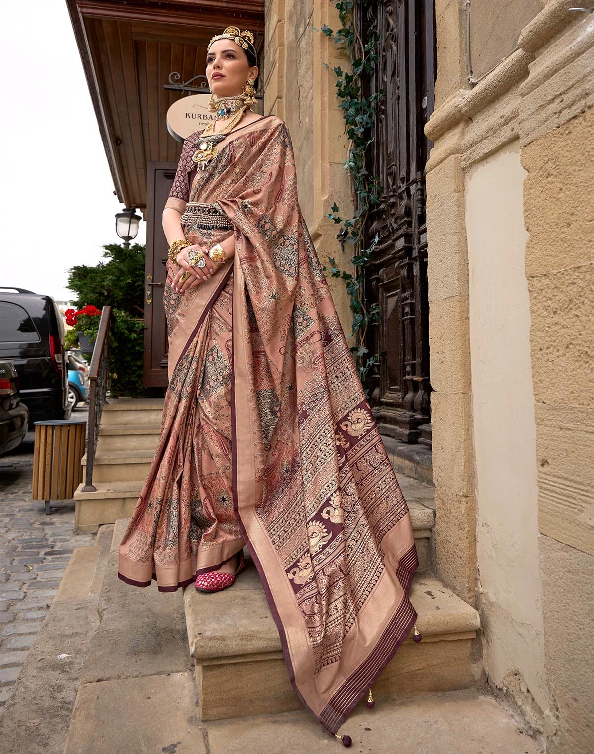 Light Brown all over Floral Print Soft Silk Saree