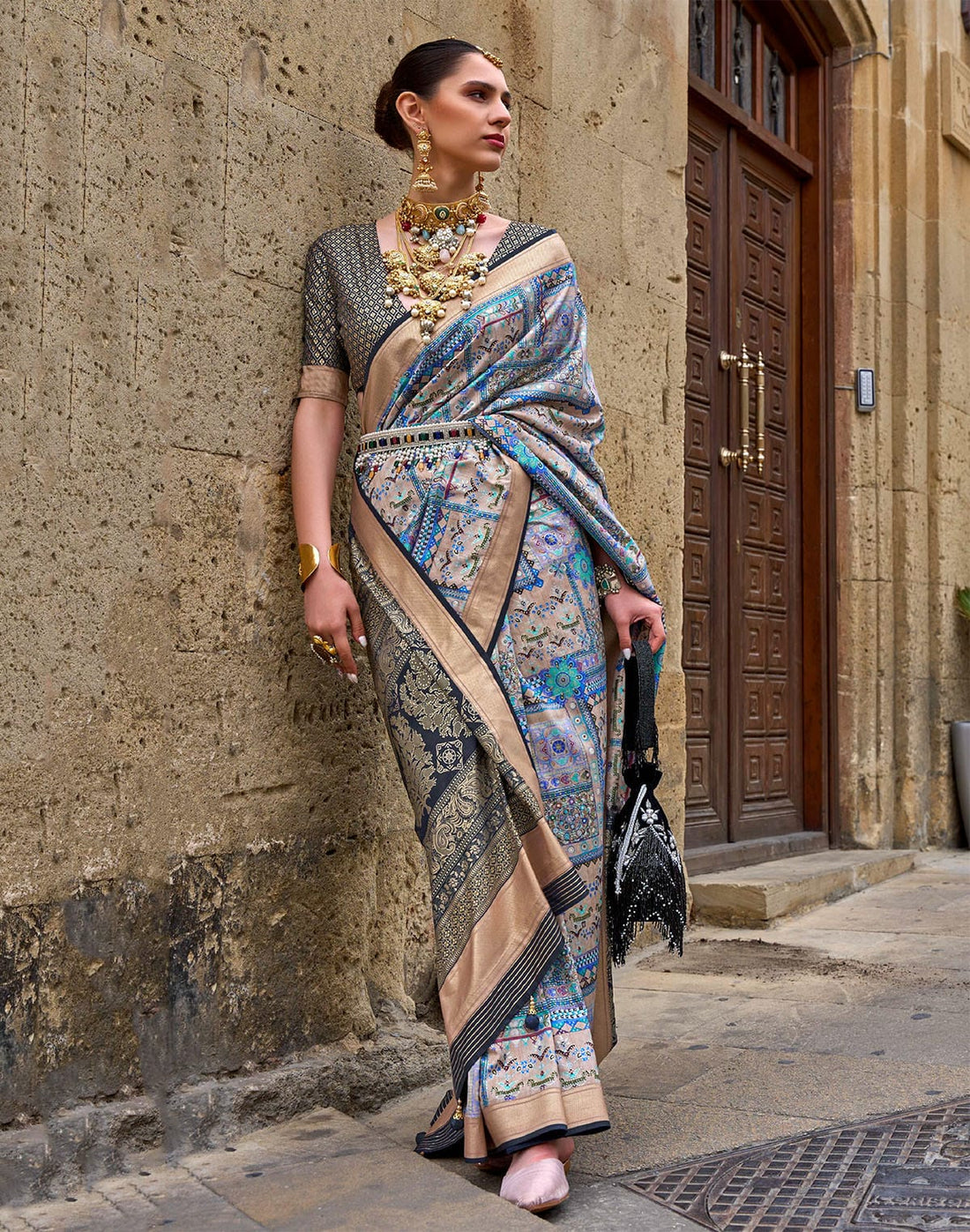 Sky Blue and Black Soft Silk Saree