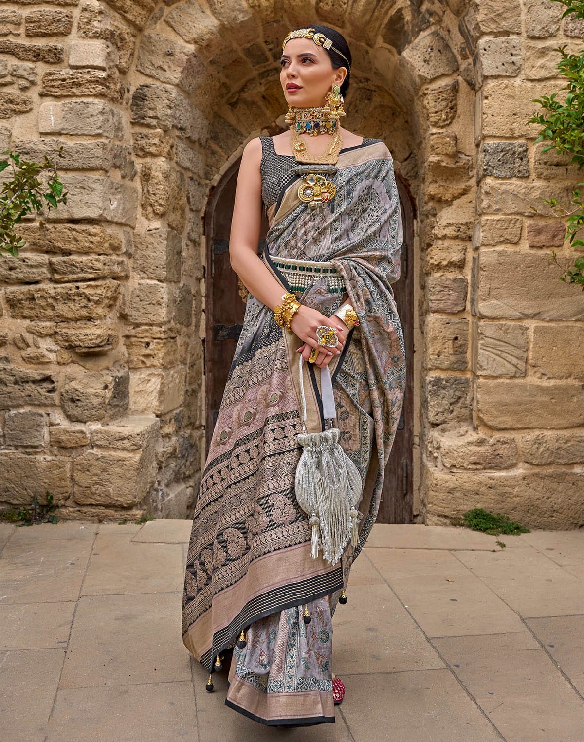 Grey Coloured Soft Silk Floral Saree