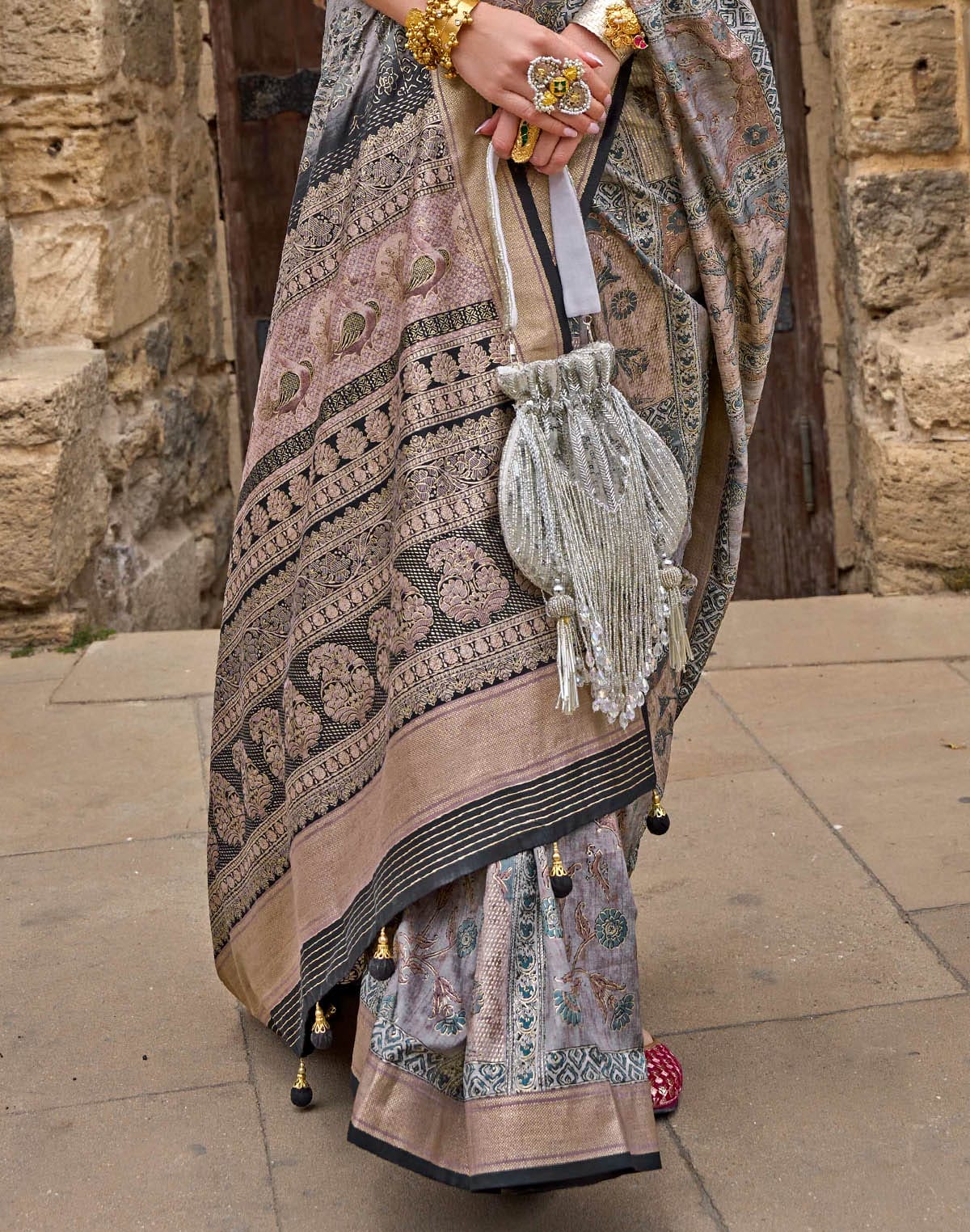 Grey Coloured Soft Silk Floral Saree