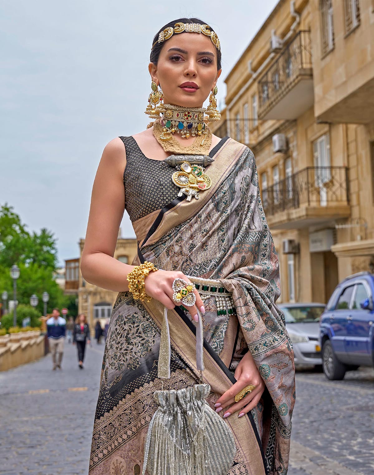 Grey Coloured Soft Silk Floral Saree