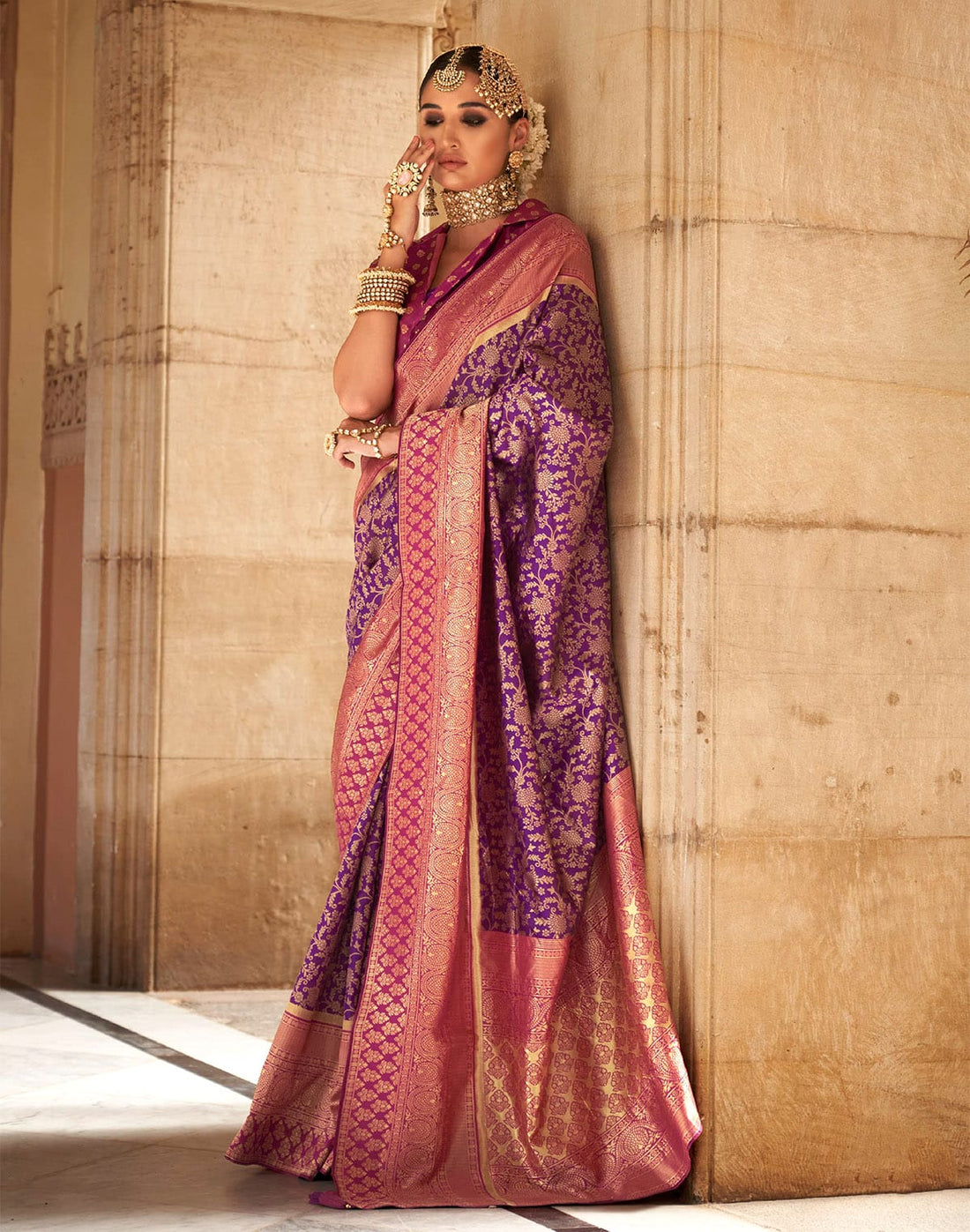 Purple Floral Design Banaras Silk Saree