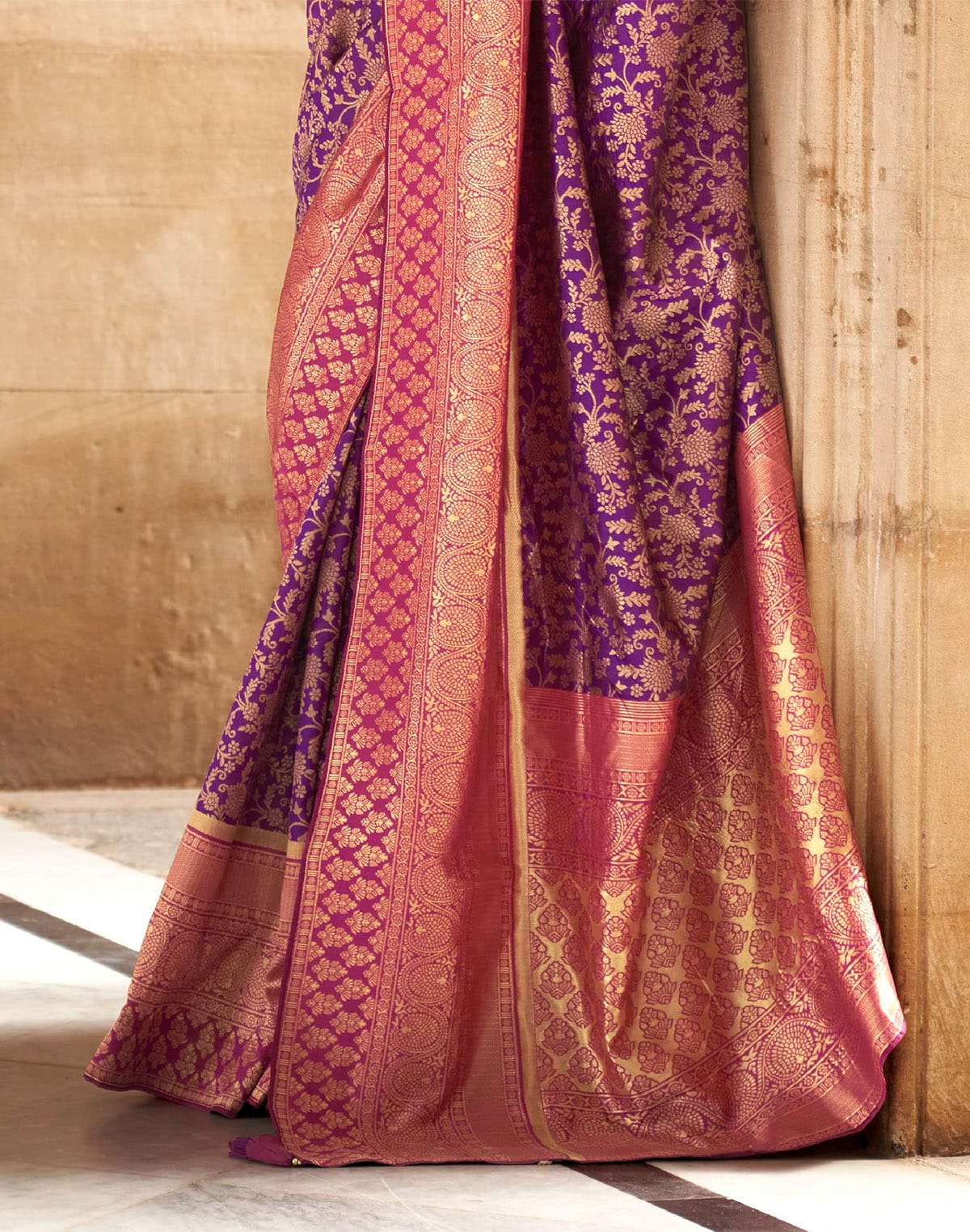 Purple Floral Design Banaras Silk Saree