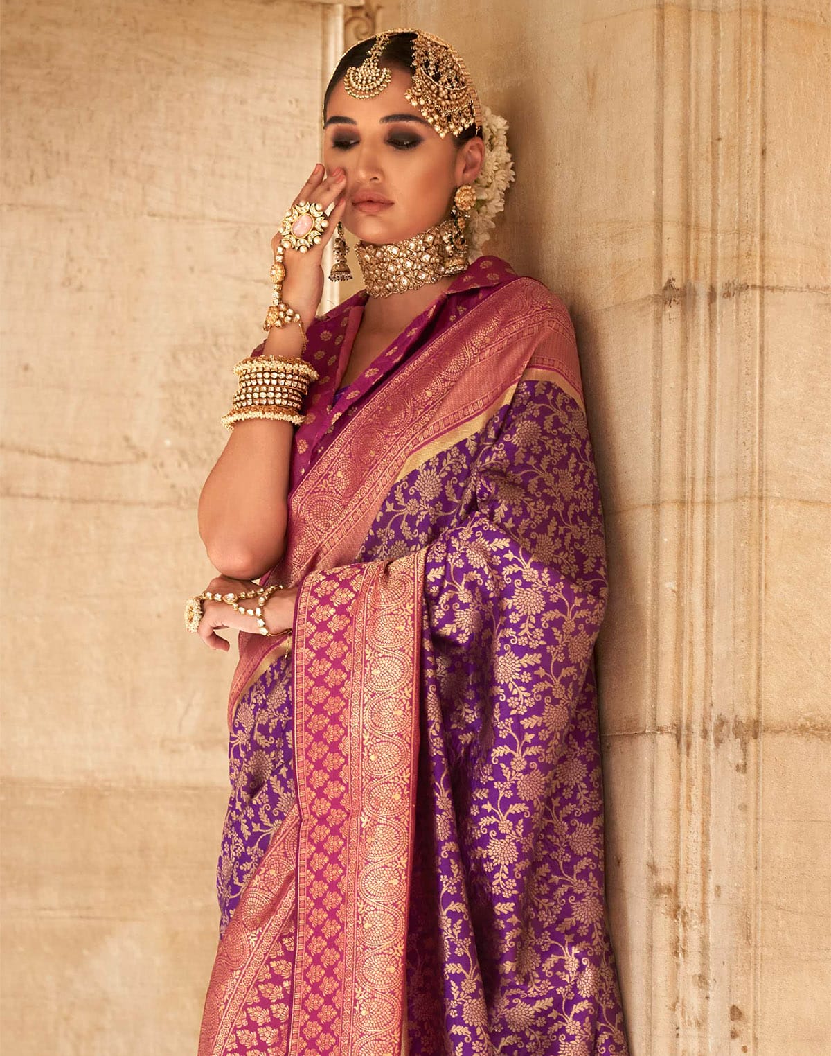 Purple Floral Design Banaras Silk Saree