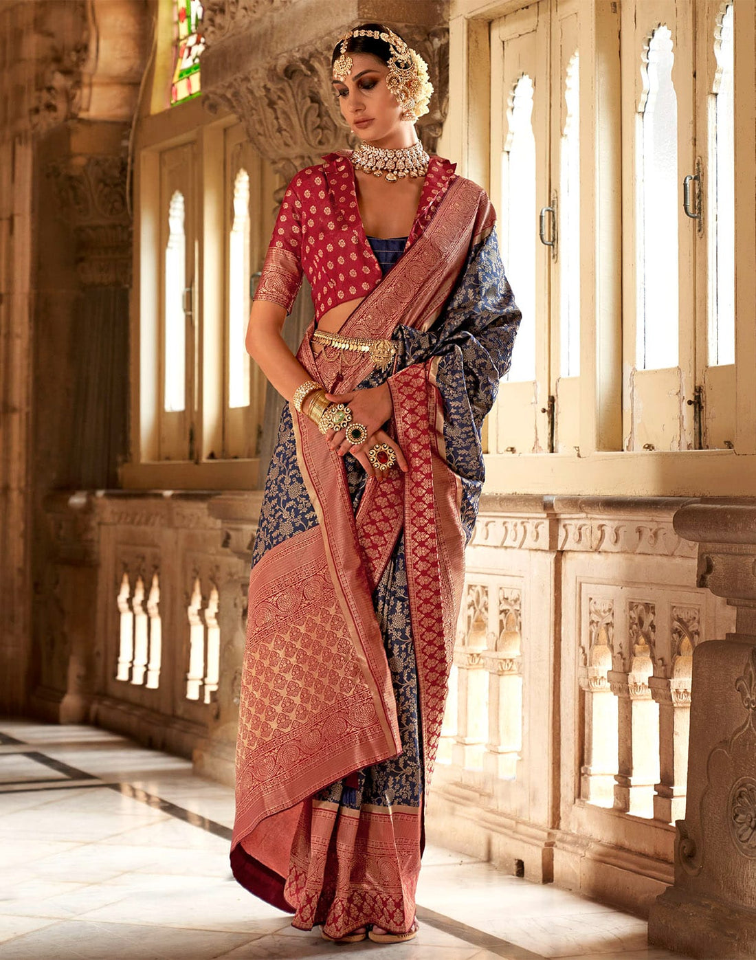 Navy Blue Floral Banaras Silk Saree with Maroon Blouse