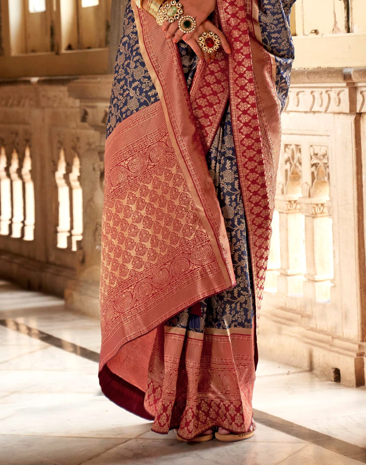 Navy Blue Floral Banaras Silk Saree with Maroon Blouse