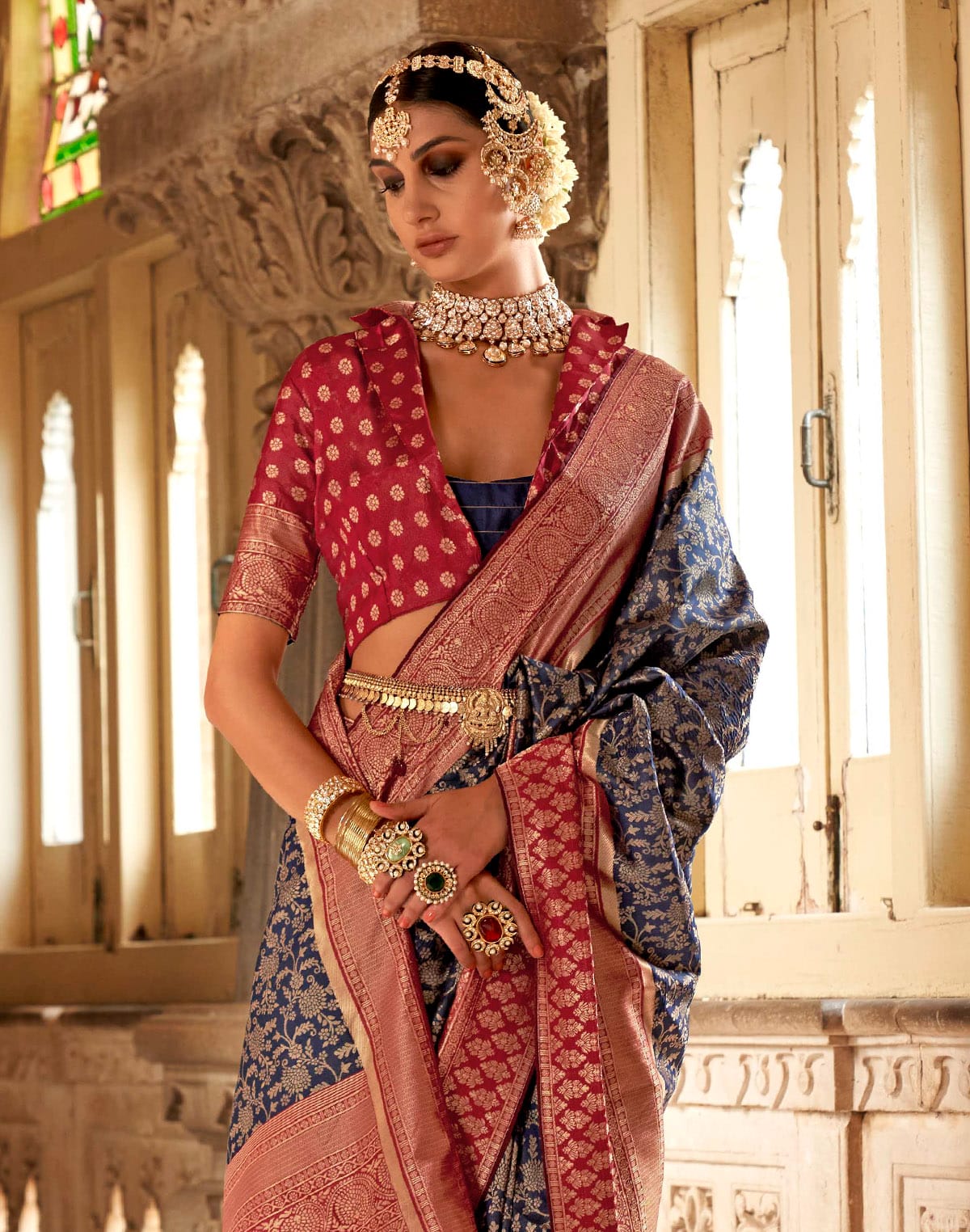 Navy Blue Floral Banaras Silk Saree with Maroon Blouse