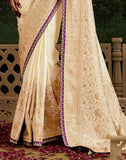 Cream Pure Dola Silk With Fancy Lace Border and Embroidery Worked Blouse