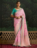 Classic Light Pink Lace Border Dola Silk Saree With Embroidery Work Blouse