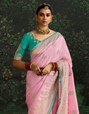 Classic Light Pink Lace Border Dola Silk Saree With Embroidery Work Blouse