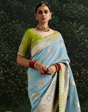 Light Blue Pure Dola Silk Lace Border Saree With Contrast Work Blouse