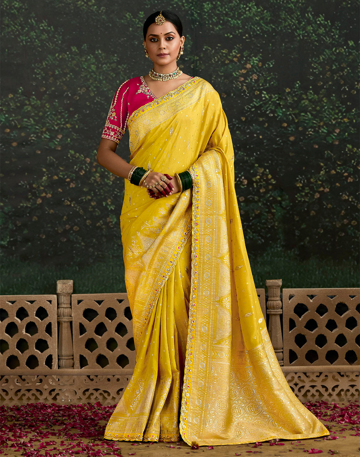 Yellow Floral Design Pure Dola Silk Saree and Contrast Embroidery Work Blouse