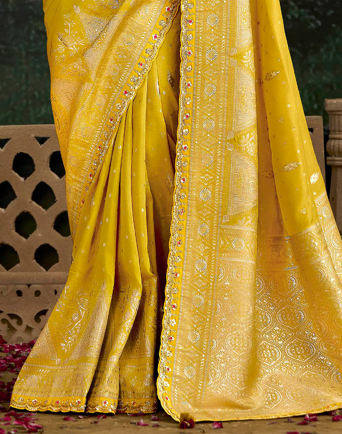 Yellow Floral Design Pure Dola Silk Saree and Contrast Embroidery Work Blouse