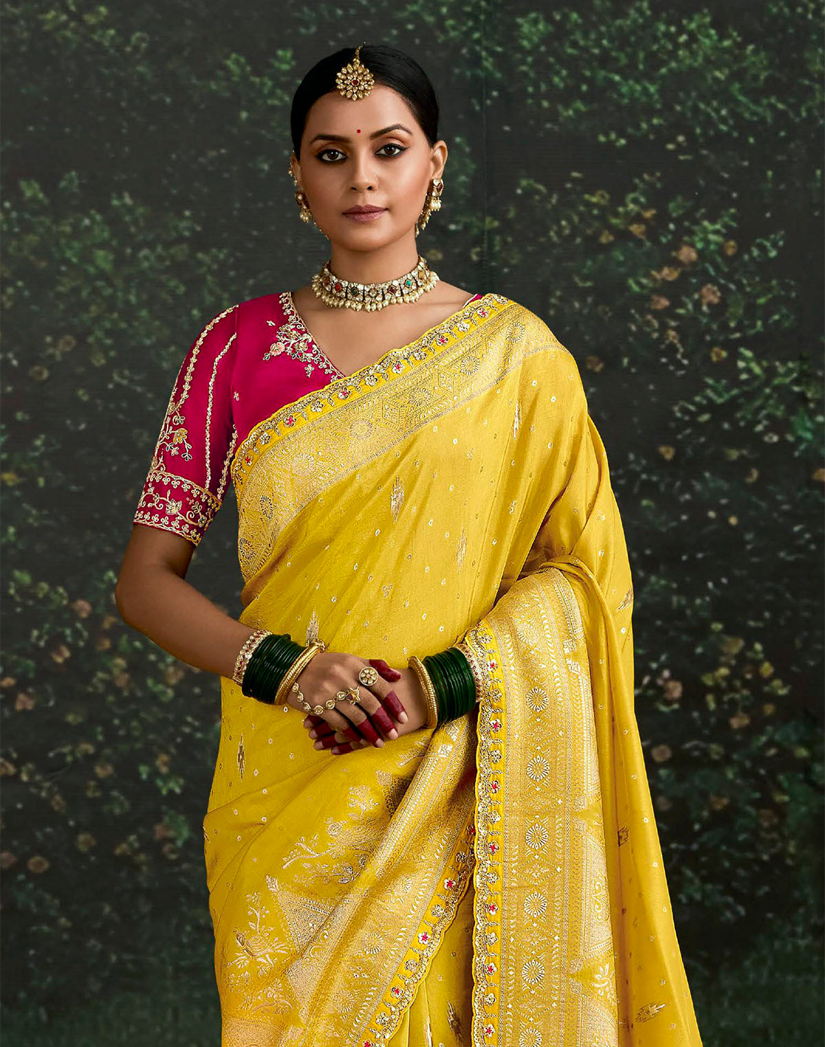 Yellow Floral Design Pure Dola Silk Saree and Contrast Embroidery Work Blouse