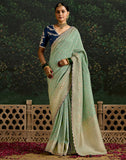 Light Pista Green Dola Silk Woven Saree With Embroidery Work Blouse