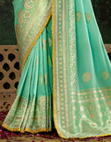 Sea Green Floral Bunches Dola Silk Saree and Embroidery Work Blouse