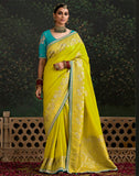 Lemon Yellow Fancy Lace Border Pure Dola Silk Saree With Embroidery Work Blouse