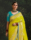 Lemon Yellow Fancy Lace Border Pure Dola Silk Saree With Embroidery Work Blouse