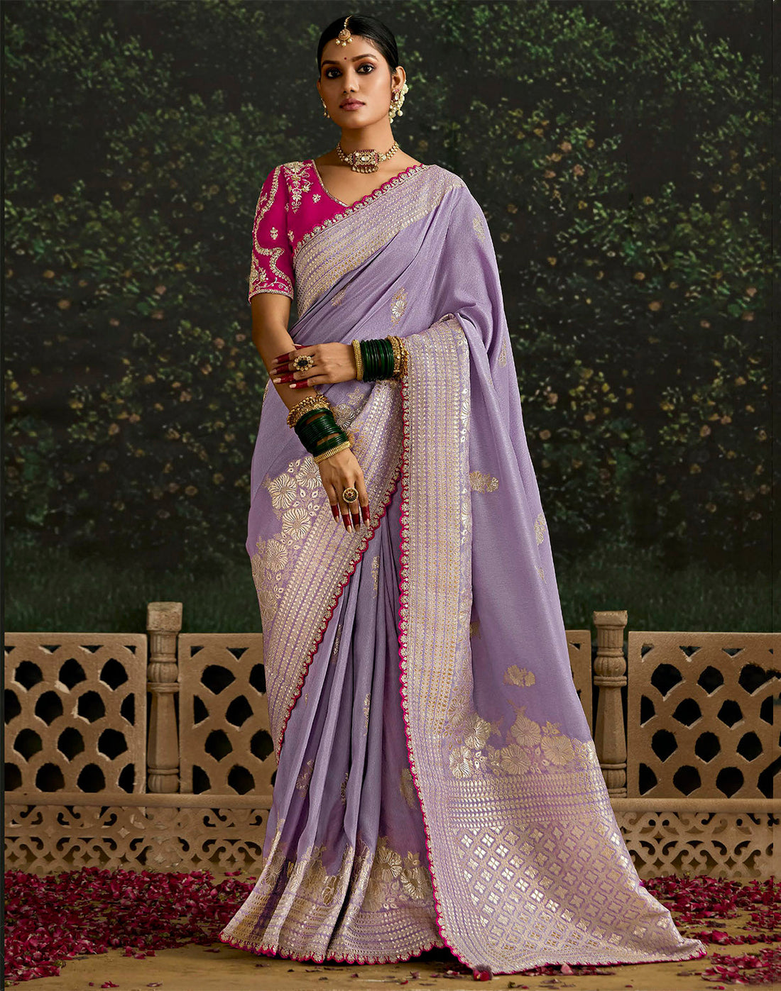 Purple Floral Motifs Pure Dola Silk Saree With Contrast Embroidery Work Blouse