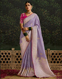 Purple Floral Motifs Pure Dola Silk Saree With Contrast Embroidery Work Blouse