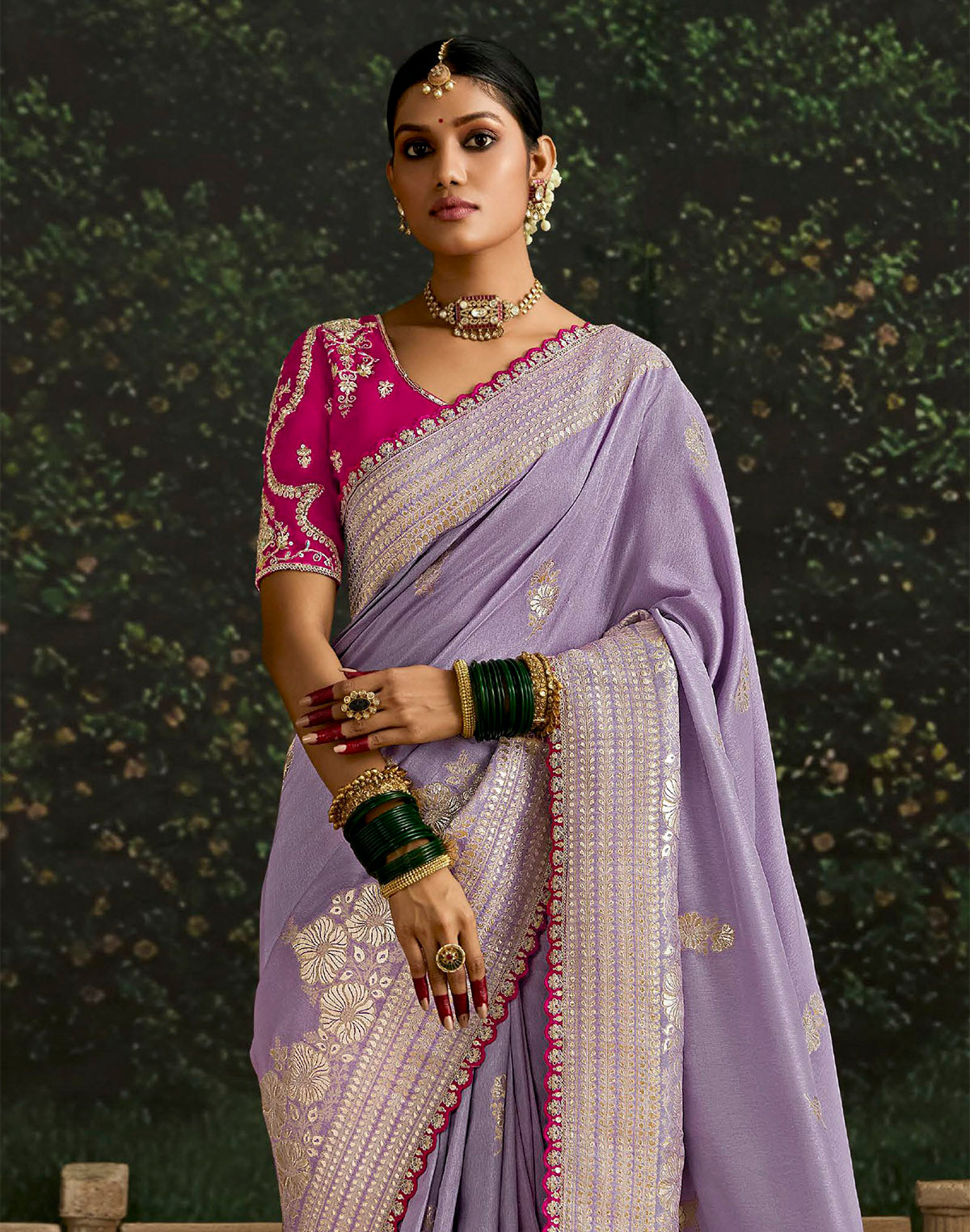 Purple Floral Motifs Pure Dola Silk Saree With Contrast Embroidery Work Blouse