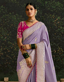 Purple Floral Motifs Pure Dola Silk Saree With Contrast Embroidery Work Blouse