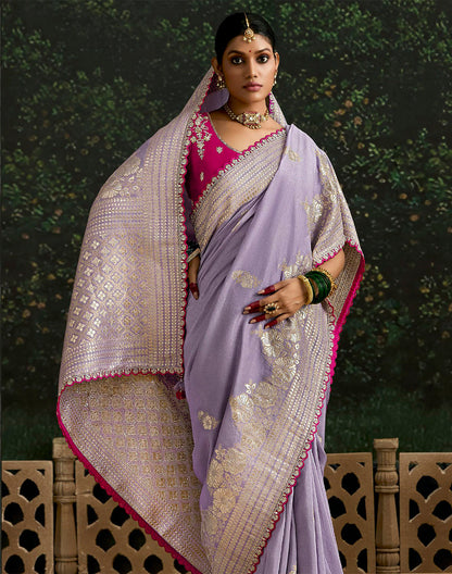 Purple Floral Motifs Pure Dola Silk Saree With Contrast Embroidery Work Blouse