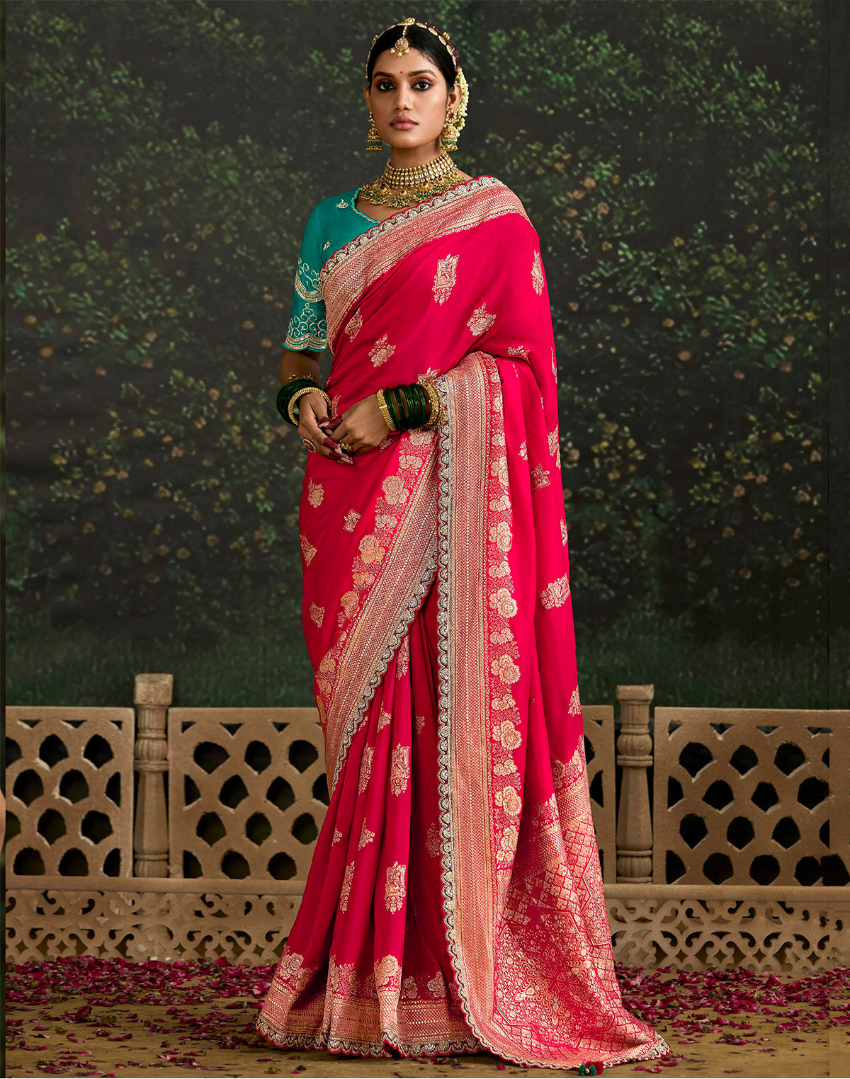 Dark Pink Floral Pure Dola Silk Saree With Contrast Work Blouse