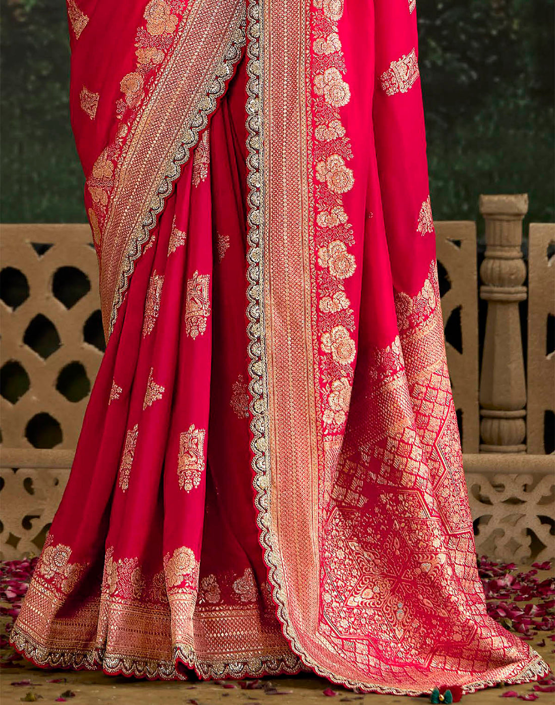 Dark Pink Floral Pure Dola Silk Saree With Contrast Work Blouse