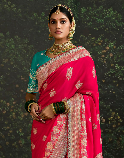 Dark Pink Floral Pure Dola Silk Saree With Contrast Work Blouse