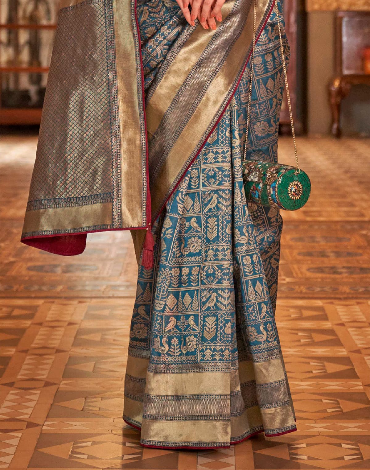 Peacock Blue Novelty Design Banaras Saree