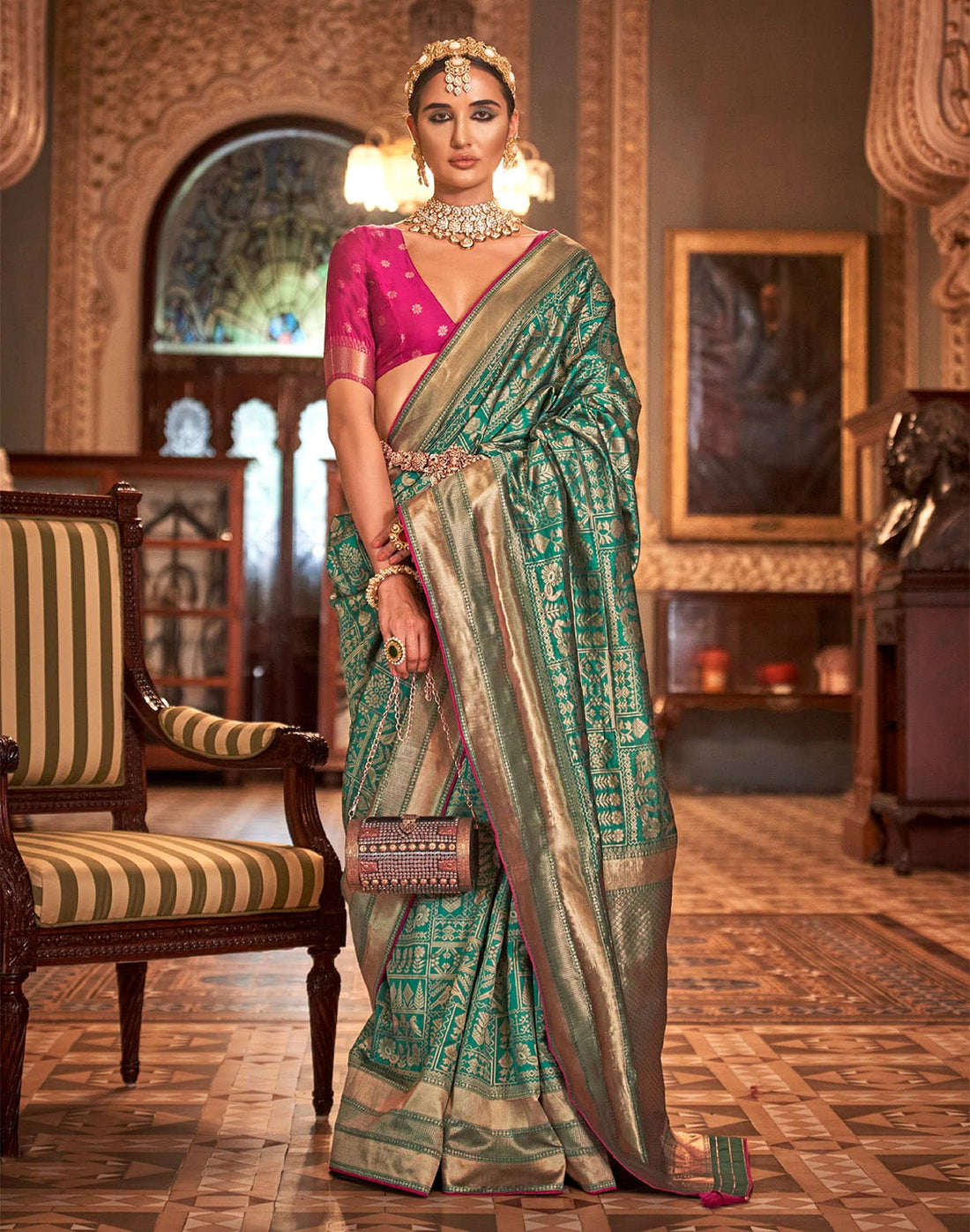 Teal Green Novelty Pattern Banaras Silk Saree