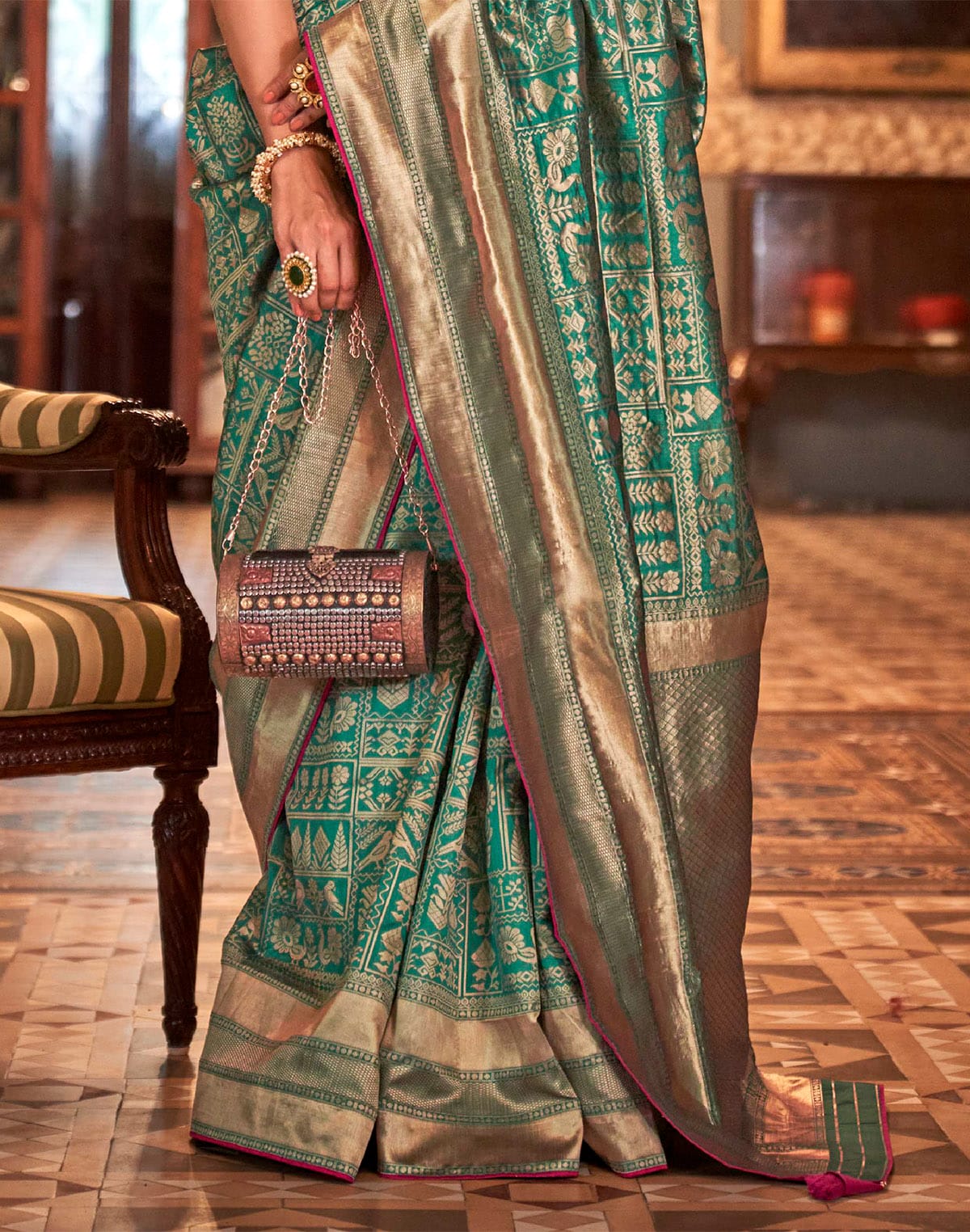 Teal Green Novelty Pattern Banaras Silk Saree