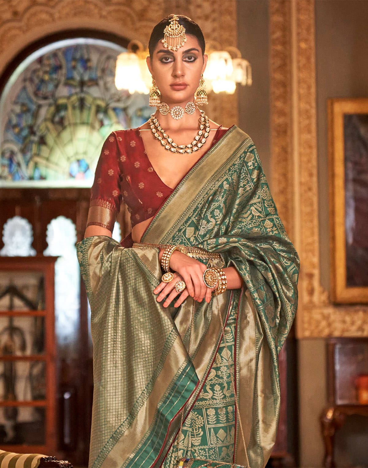 Green and Maroon Banaras Silk Saree