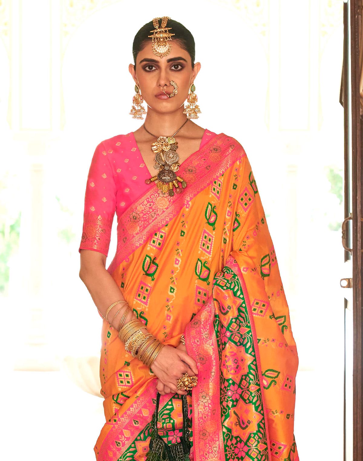 Mustard and Pink Banaras Woven Trendy Saree