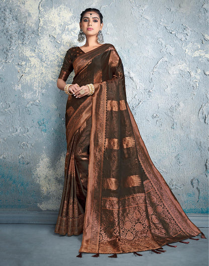 Dark Brown Floral Bunches Soft Silk Saree