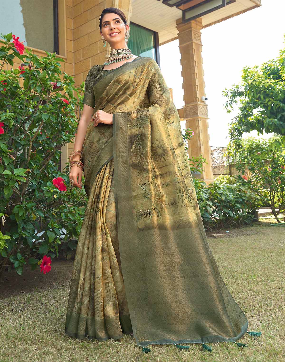 Mehendi Green Tissue Designer Saree