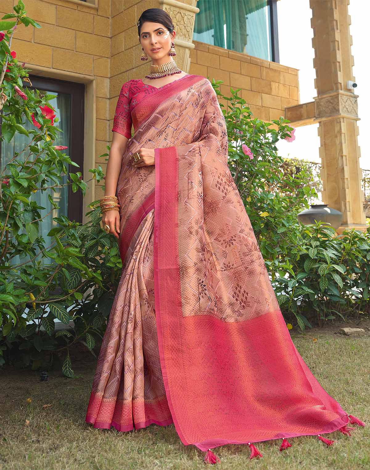 Light Peach Chevron Pattern Tissue Saree with Contrast Blouse