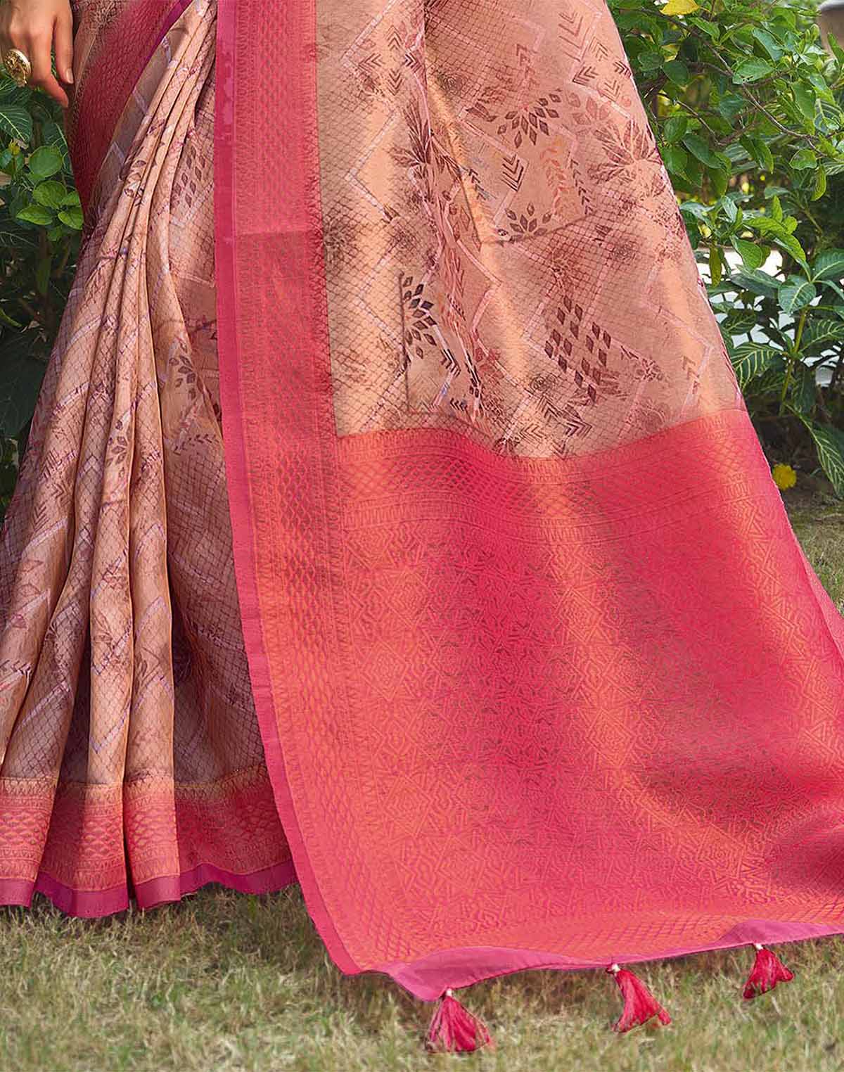 Light Peach Chevron Pattern Tissue Saree with Contrast Blouse