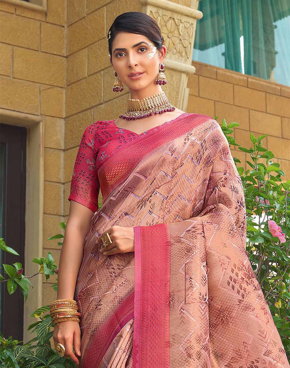 Light Peach Chevron Pattern Tissue Saree with Contrast Blouse