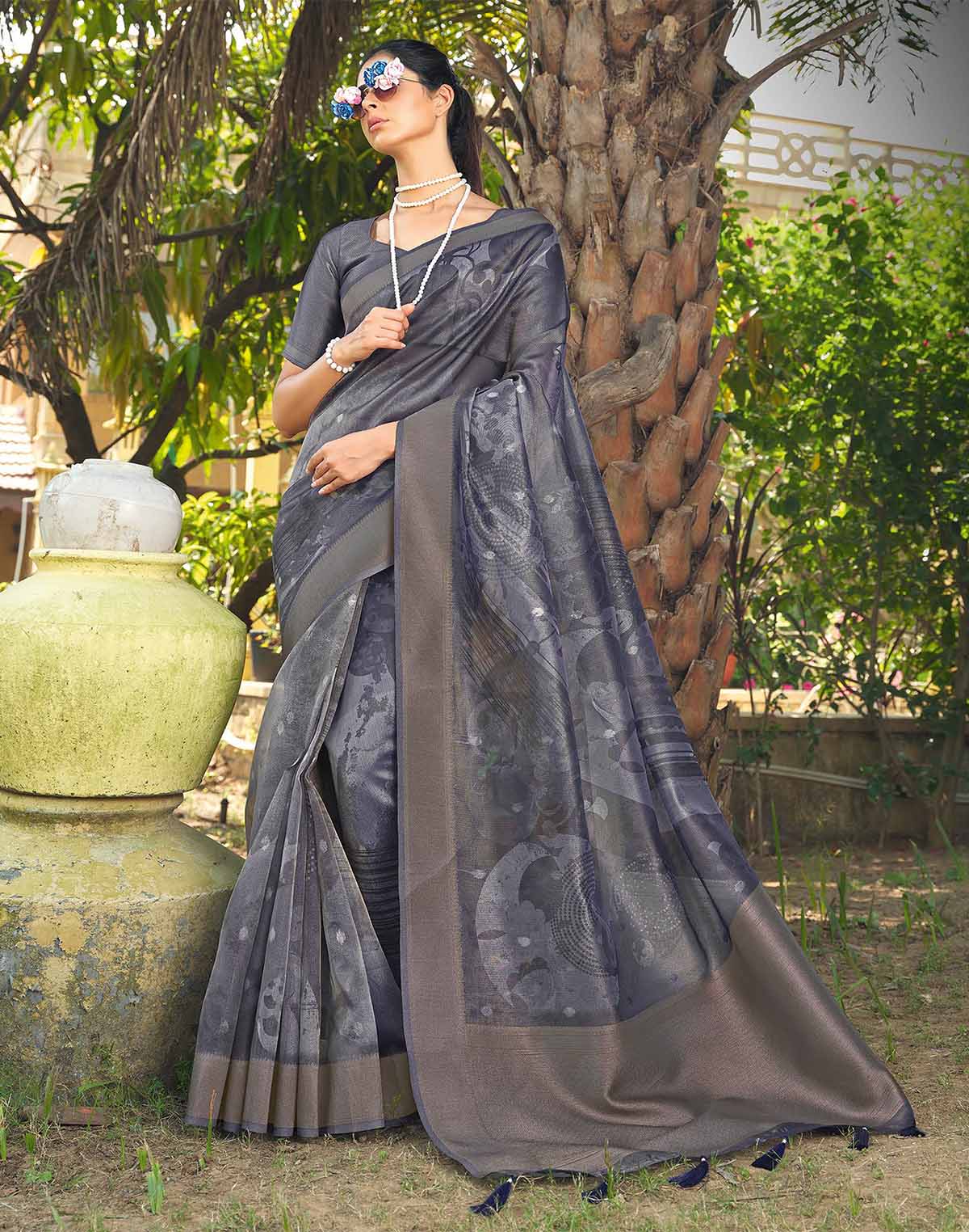 Grey Coloured Organza Saree