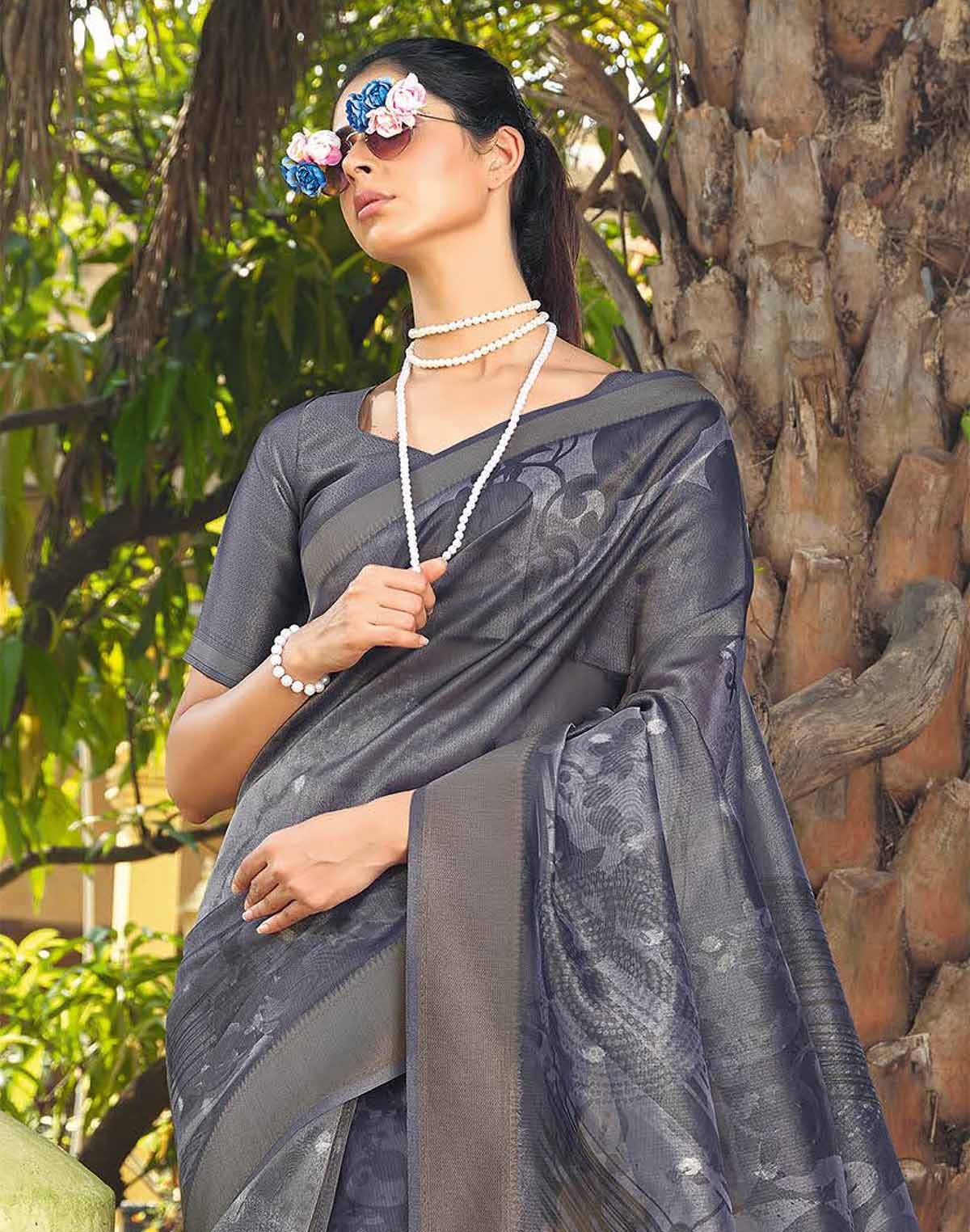 Grey Coloured Organza Saree