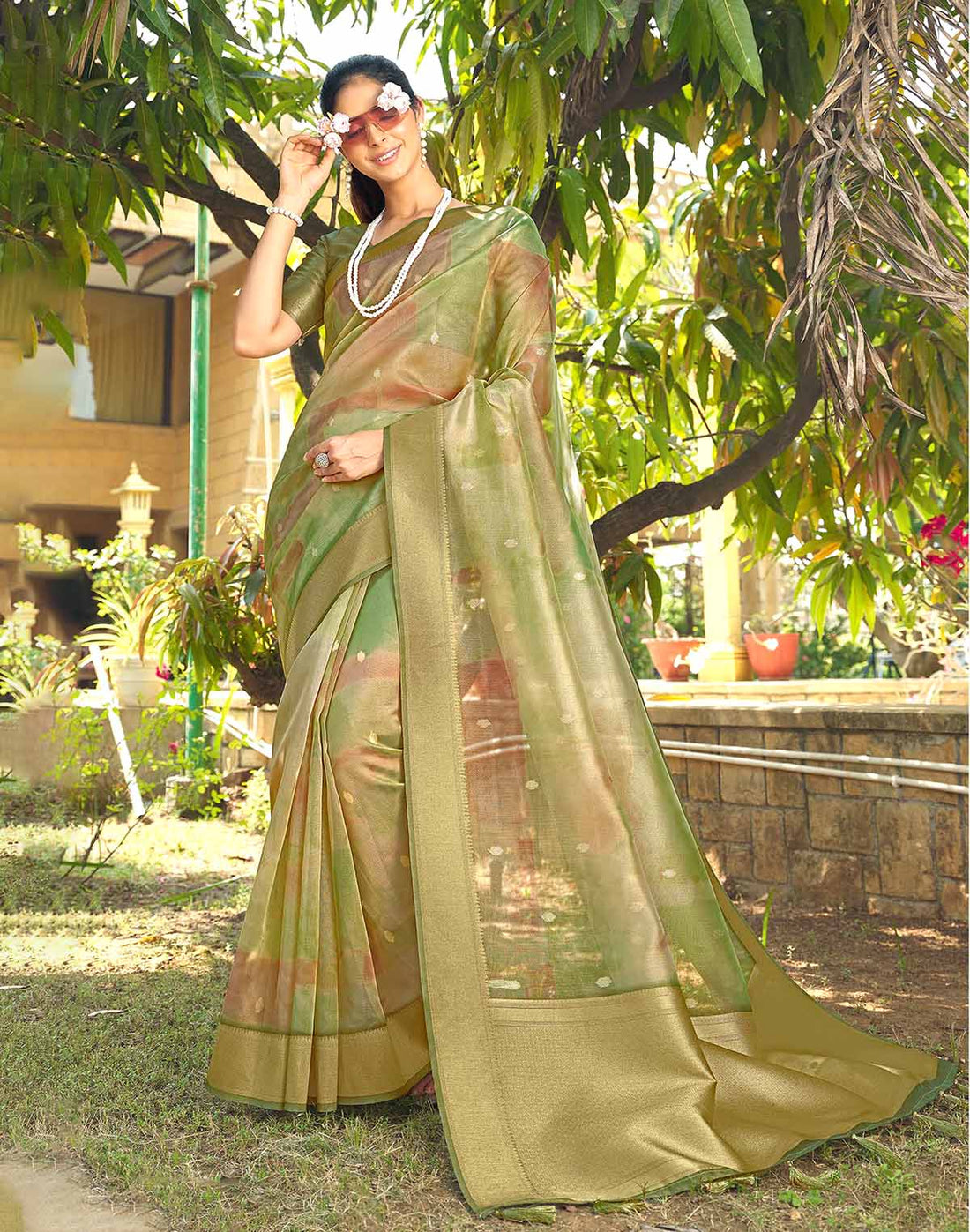 Green Graphic Design Organza Fancy Saree