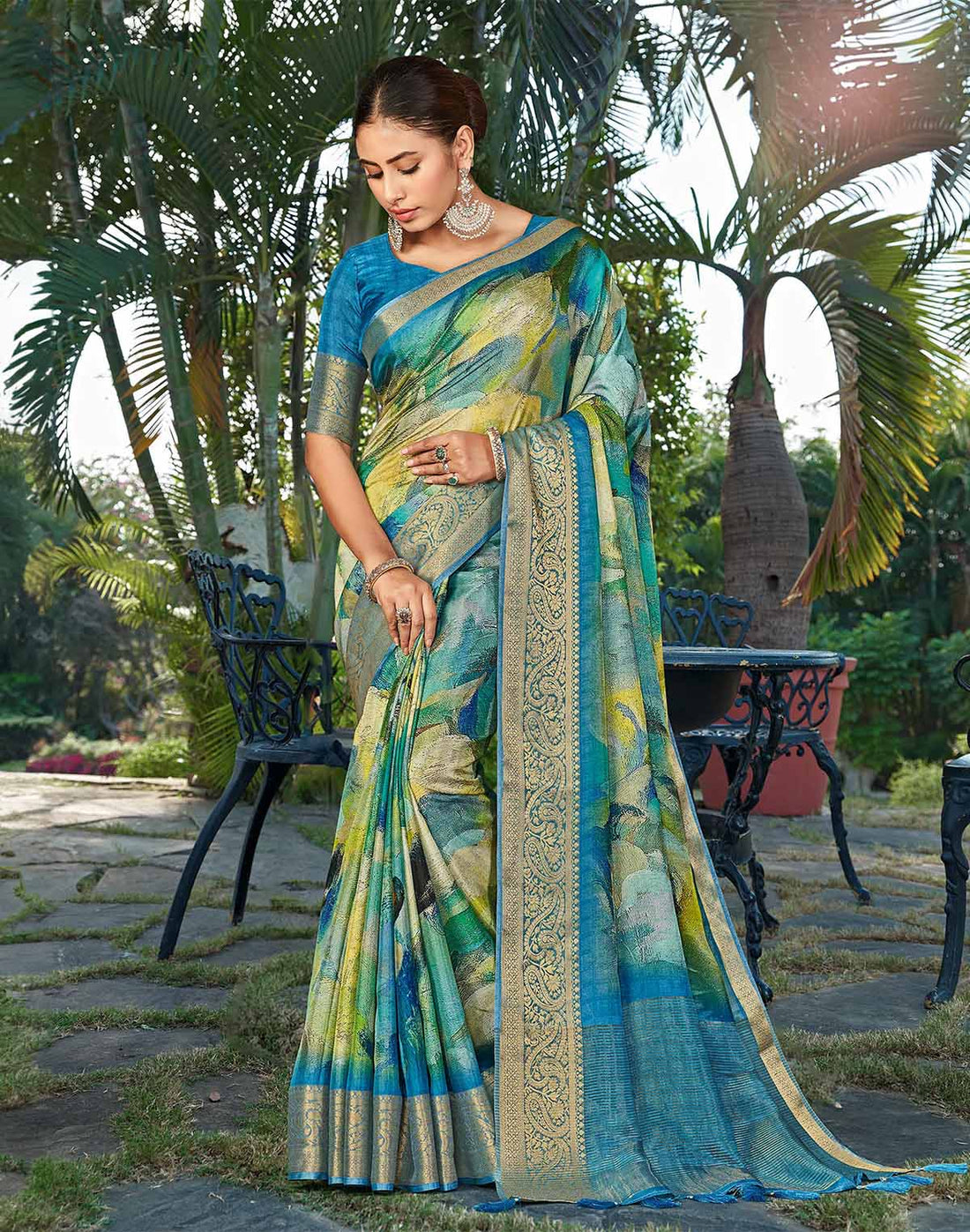 Teal Blue Graphic Print Party Wear Dola Silk Saree