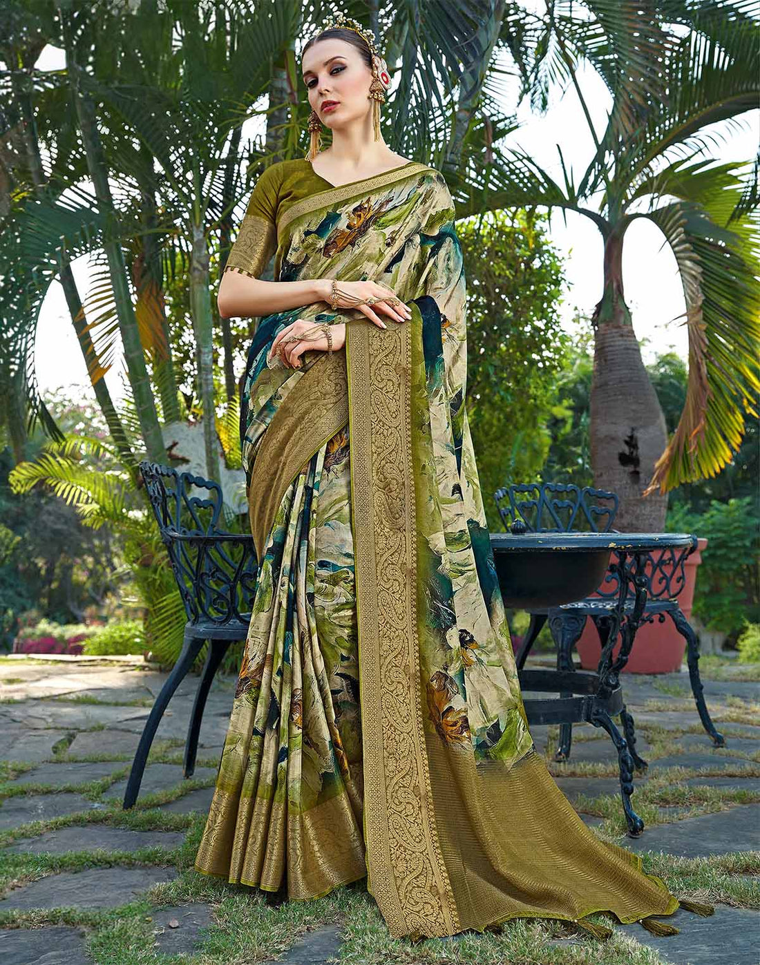 Olive Green Dola Silk Graphic Print Trendy Saree