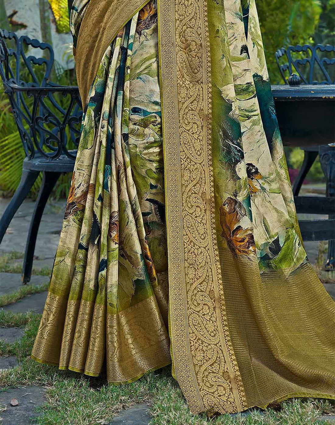 Olive Green Dola Silk Graphic Print Trendy Saree