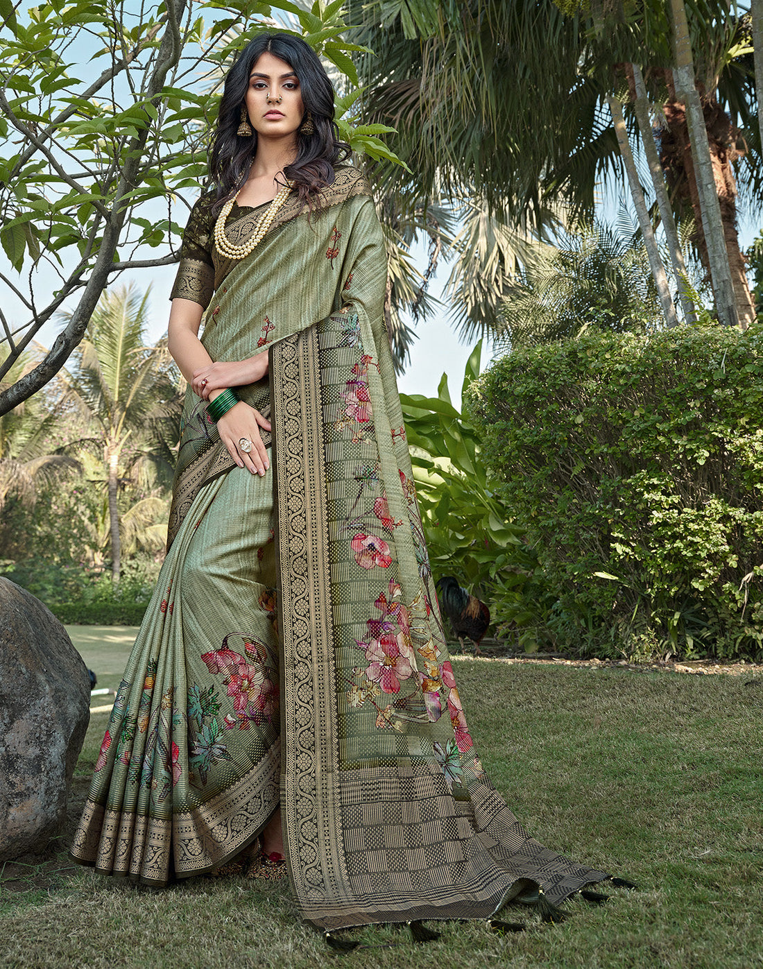 Light Green Digital Floral Print Dola Silk Saree