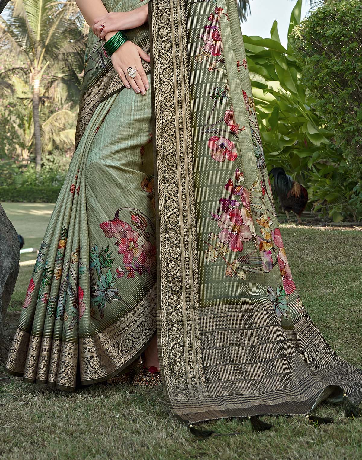 Light Green Digital Floral Print Dola Silk Saree