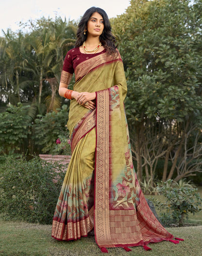 Light Yellow smooth Dola Silk Floral Print Saree