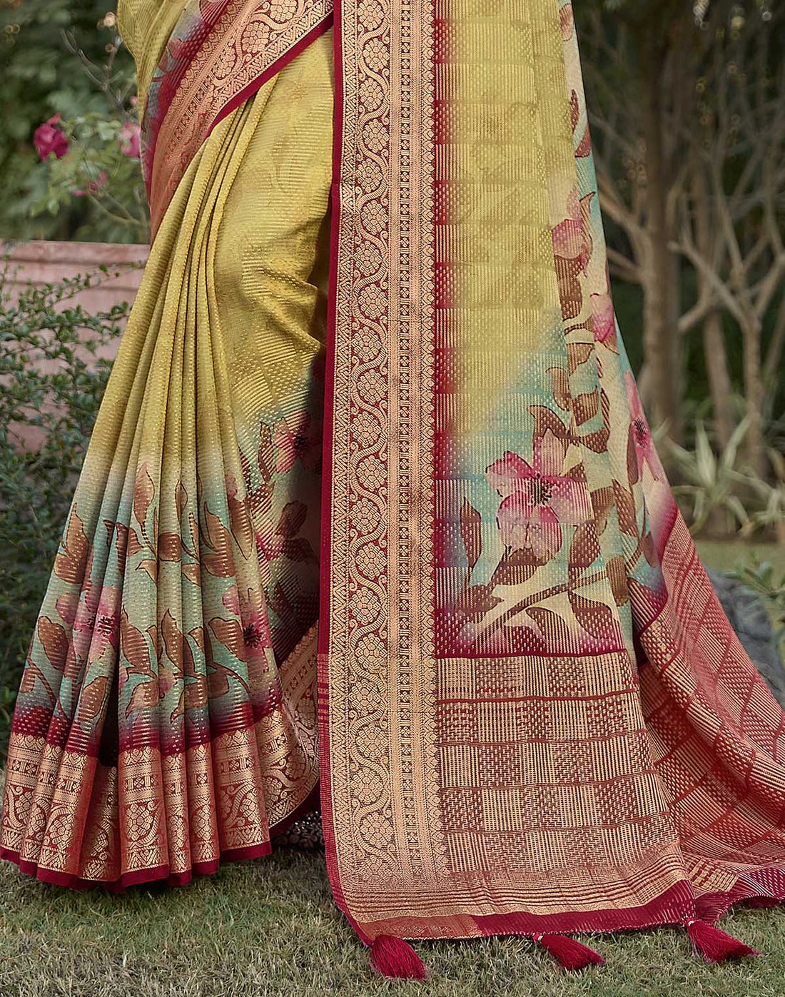 Light Yellow smooth Dola Silk Floral Print Saree